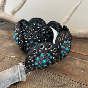 NWT Nocona Belt Co. Womens Black Leather Turquoise Western Studded Belt XL Boho